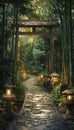 Tranquil Pathway Through Bamboo Forest with Stone Lanterns for Peaceful Exploration Royalty Free Stock Photo