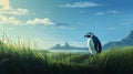 Tranquil Penguin In The Grass - Free Brushwork Matte Painting