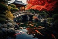 A tranquil and picturesque Japanese garden featuring a charming bridge over a serene koi fish pond, A tranquil Japanese garden
