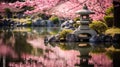 Tranquil and Picturesque Traditional Japanese Garden in Full Bloom with Cherry Blossom Trees Royalty Free Stock Photo