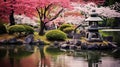 Tranquil and Picturesque Traditional Japanese Garden in Full Bloom with Cherry Blossom Trees Royalty Free Stock Photo