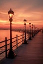 A tranquil pier with ornate lamps, extending into a calm sea under a vibrant sunset, exuding solitude and peacefulness, ai