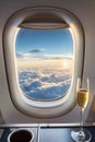 Tranquil plane window view dark turquoise skies, elegant champagne glass in soft light