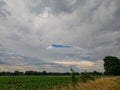 Calm Before the Storm: Farmland and Approaching Clouds Royalty Free Stock Photo
