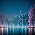tranquil pond in the foreground and a line of snow-covered trees illuminated by a starry night sky