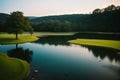 A tranquil pond in a green meadow Royalty Free Stock Photo