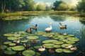 A tranquil pond with lily pads and a family of ducks swimming Royalty Free Stock Photo