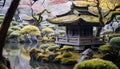 Tranquil pond reflects ancient pagoda in nature, generated by AI