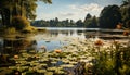 Tranquil pond reflects autumn tree, meadow, and colorful flowers generated by AI