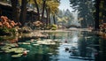 Tranquil pond reflects autumn tree in serene Chinese garden generated by AI