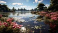 Tranquil pond reflects green tree, pink flower, and blue sky generated by AI Royalty Free Stock Photo