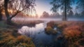 Serene Morning Mist over Rural Landscape