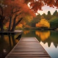 A tranquil pond surrounded by vibrant, autumn foliage, with a wooden dock stretching out into the water1 Royalty Free Stock Photo