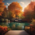A tranquil pond surrounded by vibrant, autumn foliage, with a wooden dock stretching out into the water2 Royalty Free Stock Photo