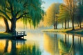 A tranquil pond surrounded by weeping willow trees, their branches gently sweeping the water\'s surface