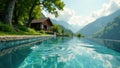 Tranquil poolside moment water droplet impacting a serene infinity pool overlooking lush greenery and mountain range. Generative Royalty Free Stock Photo