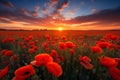 Tranquil Poppy field sunset art paint. Generate Ai Royalty Free Stock Photo