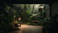 Tranquil rainforest green trees, dark night, illuminated lamp, sitting chair generated by AI