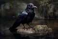 Tranquil Raven bird water bath. Generate Ai