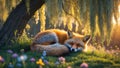 Red Fox Sleeping Peacefully in a Sunny Meadow Underneath Weeping Willow Tree Royalty Free Stock Photo