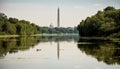 Tranquil reflection of famous monument in pond generated by AI