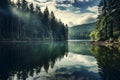 A tranquil reflection of a forest mirrored in the glassy waters of a lake