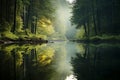 A tranquil reflection of a forest reflected in the calm waters of a river