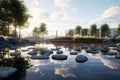 Tranquil Reflection Pond with Memorial Stones A