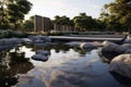 Tranquil Reflection Pond with Memorial Stones A