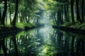 A tranquil reflection of a serene forest mirrored in the still waters of a pond