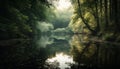Tranquil reflection of tree on calm pond generated by AI