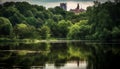 Tranquil reflection of tree in pond water generated by AI