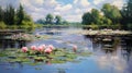 Tranquil Reflections: A Serene Oil Painting of a Blossoming Pond