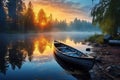 Tranquil reflections of a wooden boat on a calm lake at peaceful dawn, conveying serenity in nature