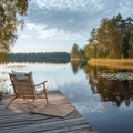 Tranquil retreat Wooden dock with a lounge chair on a calm lake