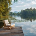 Tranquil retreat Wooden dock with a lounge chair on a calm lake