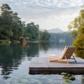 Tranquil retreat Wooden dock with a lounge chair on a calm lake