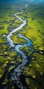 Tranquil River Flowing Through Vibrant Grasslands: A Captivating Aerial View Royalty Free Stock Photo