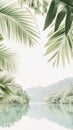 Tranquil river flows gently, bordered by verdant palm leaves and lush greenery, creating a peaceful atmosphere on a Royalty Free Stock Photo
