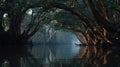 Mystical Mangrove Forest Canal in Foggy Morning Light Royalty Free Stock Photo