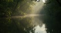 River scene with sunlight trees water reflection fog Royalty Free Stock Photo