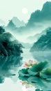 A tranquil river scene with lotus flowers in the foreground and mist-covered mountains under a pale sky Royalty Free Stock Photo