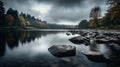 Tranquil river under cloudy sky in soft light Royalty Free Stock Photo