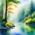 Tranquil River in a Verdant Canyon Peaceful Watercolor Painting Digital Illustration Royalty Free Stock Photo