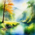 Tranquil River in a Verdant Canyon Peaceful Watercolor Painting Digital Illustration Royalty Free Stock Photo