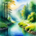 Tranquil River in a Verdant Canyon Peaceful Watercolor Painting Digital Illustration Royalty Free Stock Photo