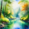 Tranquil River in a Verdant Canyon Peaceful Watercolor Painting Digital Illustration Royalty Free Stock Photo