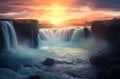 Tranquil river and waterfall cascading over rocky terrain, AI-generated. Royalty Free Stock Photo
