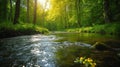 A tranquil river winding through a blossoming forest, with dappled sunlight filtering through new leaves.