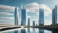 Mirrored skyscrapers on the river bank. Generative AI